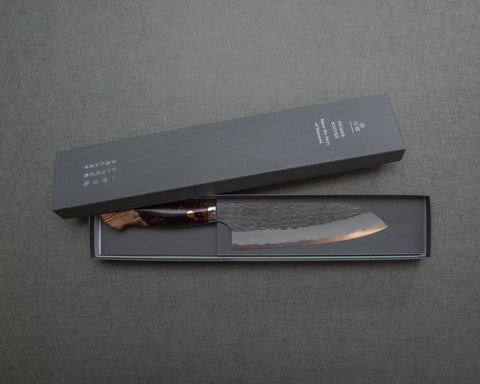 Nigara R2/SG2 Tsuchime Kurouchi 165mm Santoku with Stabilized Wood / Polished Tigereye Acrylic Handle