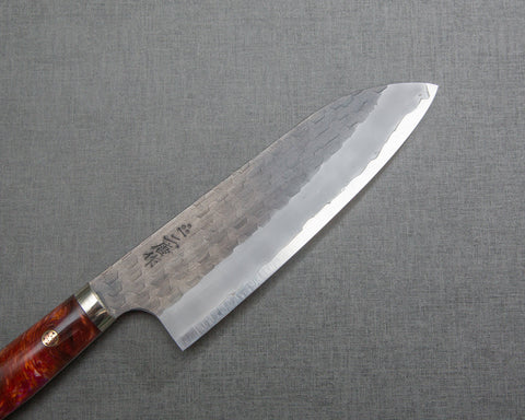 Nigara R2/SG2 Tsuchime Kurouchi 165mm Santoku with Polished Red Lava Acrylic Handle