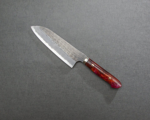 Nigara R2/SG2 Tsuchime Kurouchi 165mm Santoku with Polished Red Lava Acrylic Handle
