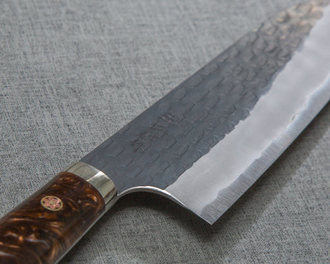 Nigara R2/SG2 Tsuchime Kurouchi 165mm Santoku with Polished Tigereye Acrylic Handle