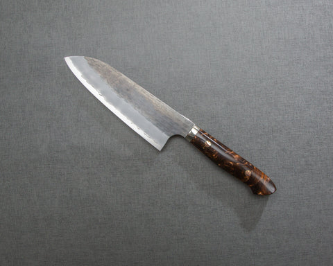 Nigara R2/SG2 Tsuchime Kurouchi 165mm Santoku with Polished Tigereye Acrylic Handle