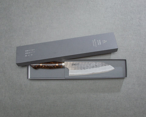 Nigara R2/SG2 Tsuchime Kurouchi 165mm Santoku with Polished Tigereye Acrylic Handle