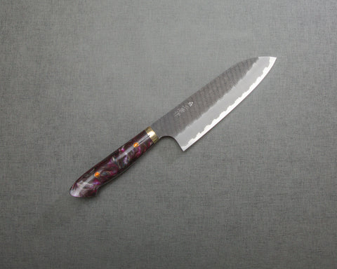 Nigara R2/SG2 Tsuchime Kurouchi 165mm Santoku with Polished Amethyst Acrylic Handle