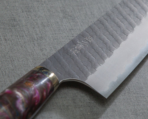 Nigara R2/SG2 Tsuchime Kurouchi 165mm Santoku with Polished Amethyst Acrylic Handle