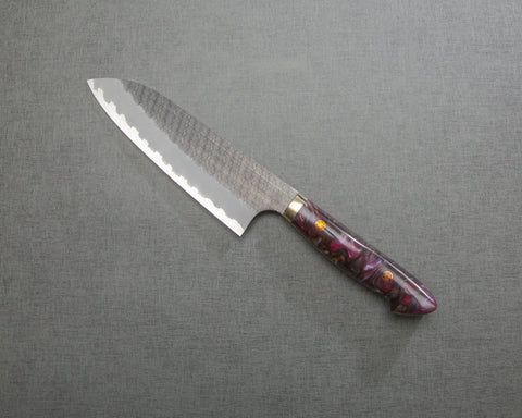 Nigara R2/SG2 Tsuchime Kurouchi 165mm Santoku with Polished Amethyst Acrylic Handle