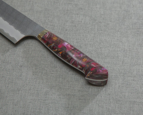 Nigara R2/SG2 Tsuchime Kurouchi 165mm Santoku with Polished Amethyst Acrylic Handle