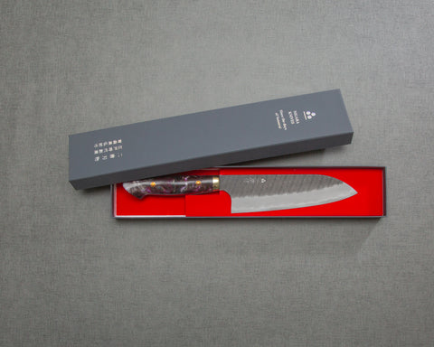 Nigara R2/SG2 Tsuchime Kurouchi 165mm Santoku with Polished Amethyst Acrylic Handle