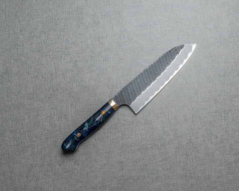 Nigara R2/SG2 Tsuchime Kurouchi 165mm Santoku with Polished Twilight Blue Acrylic Handle