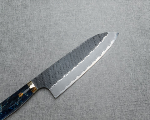 Nigara R2/SG2 Tsuchime Kurouchi 165mm Santoku with Polished Twilight Blue Acrylic Handle