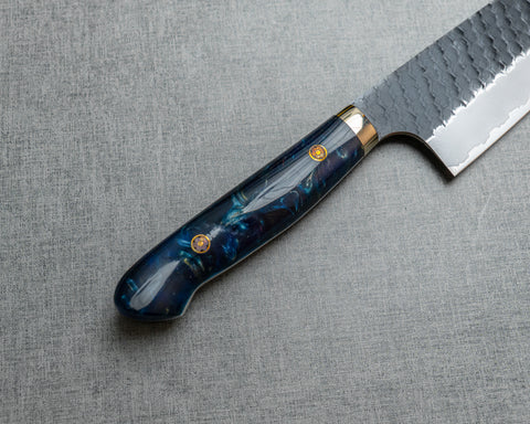 Nigara R2/SG2 Tsuchime Kurouchi 165mm Santoku with Polished Twilight Blue Acrylic Handle