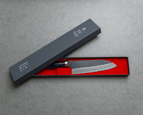 Nigara R2/SG2 Tsuchime Kurouchi 165mm Santoku with Polished Twilight Blue Acrylic Handle