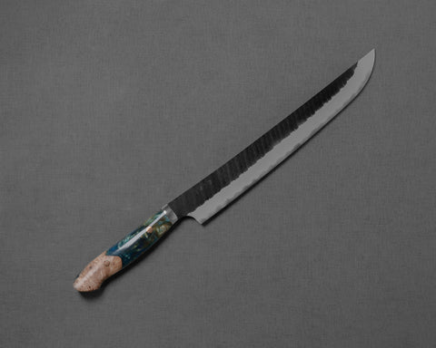 Nigara R2/SG2 Tsuchime Kurouchi 300mm Sakimaru Sujihiki with Stabilized Wood / Polished Jadeite Acrylic Handle