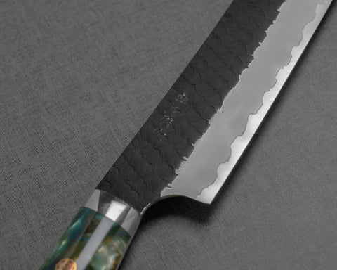 Nigara R2/SG2 Tsuchime Kurouchi 300mm Sakimaru Sujihiki with Stabilized Wood / Polished Jadeite Acrylic Handle