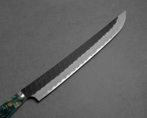 Nigara R2/SG2 Tsuchime Kurouchi 300mm Sakimaru Sujihiki with Stabilized Wood / Polished Jadeite Acrylic Handle