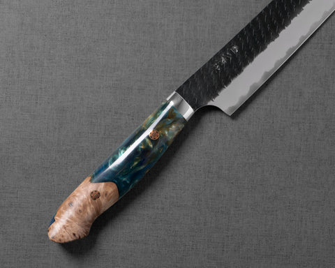 Nigara R2/SG2 Tsuchime Kurouchi 300mm Sakimaru Sujihiki with Stabilized Wood / Polished Jadeite Acrylic Handle