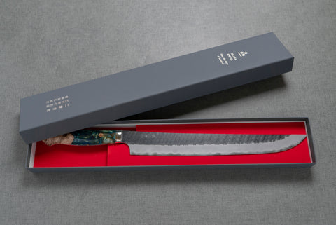 Nigara R2/SG2 Tsuchime Kurouchi 300mm Sakimaru Sujihiki with Stabilized Wood / Polished Jadeite Acrylic Handle