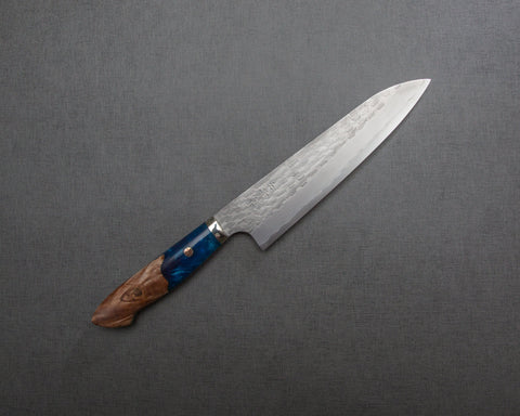 Nigara R2/SG2 Matt Migaki Tsuchime 210mm Gyuto with Stabilized Wood / Ocean Blue Polished Acrylic Handle