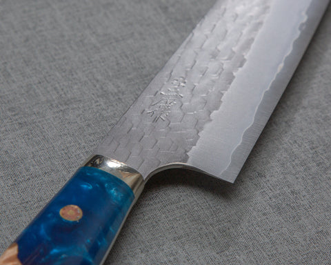 Nigara R2/SG2 Matt Migaki Tsuchime 210mm Gyuto with Stabilized Wood / Ocean Blue Polished Acrylic Handle