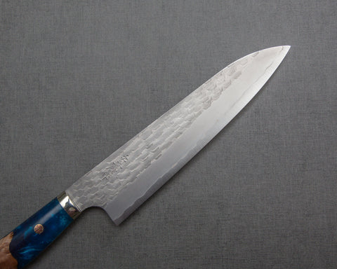 Nigara R2/SG2 Matt Migaki Tsuchime 210mm Gyuto with Stabilized Wood / Ocean Blue Polished Acrylic Handle