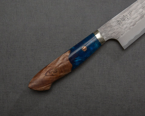 Nigara R2/SG2 Matt Migaki Tsuchime 210mm Gyuto with Stabilized Wood / Ocean Blue Polished Acrylic Handle
