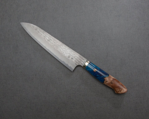Nigara R2/SG2 Matt Migaki Tsuchime 210mm Gyuto with Stabilized Wood / Ocean Blue Polished Acrylic Handle