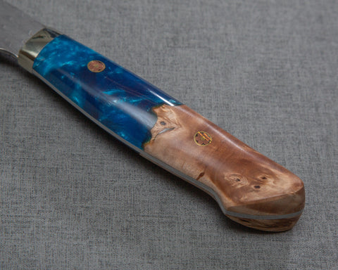 Nigara R2/SG2 Matt Migaki Tsuchime 210mm Gyuto with Stabilized Wood / Ocean Blue Polished Acrylic Handle