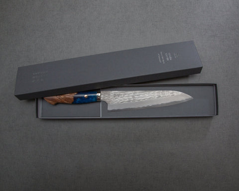 Nigara R2/SG2 Matt Migaki Tsuchime 210mm Gyuto with Stabilized Wood / Ocean Blue Polished Acrylic Handle