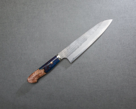 Nigara R2/SG2 Matt Migaki Tsuchime 210mm Gyuto with Stabilized Wood / Polished Twilight Blue Acrylic Handle