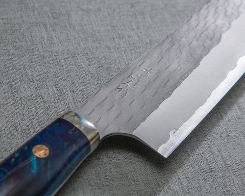 Nigara R2/SG2 Matt Migaki Tsuchime 210mm Gyuto with Stabilized Wood / Polished Twilight Blue Acrylic Handle