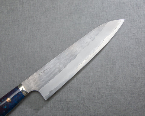 Nigara R2/SG2 Matt Migaki Tsuchime 210mm Gyuto with Stabilized Wood / Polished Twilight Blue Acrylic Handle