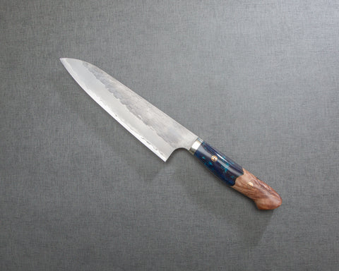 Nigara R2/SG2 Matt Migaki Tsuchime 210mm Gyuto with Stabilized Wood / Polished Twilight Blue Acrylic Handle