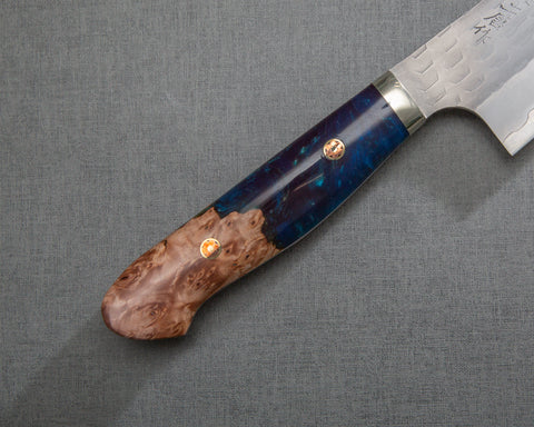 Nigara R2/SG2 Matt Migaki Tsuchime 210mm Gyuto with Stabilized Wood / Polished Twilight Blue Acrylic Handle