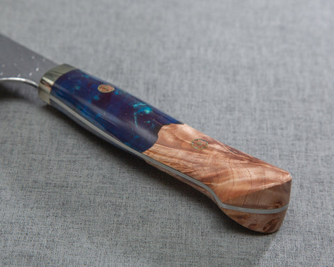 Nigara R2/SG2 Matt Migaki Tsuchime 210mm Gyuto with Stabilized Wood / Polished Twilight Blue Acrylic Handle