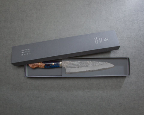 Nigara R2/SG2 Matt Migaki Tsuchime 210mm Gyuto with Stabilized Wood / Polished Twilight Blue Acrylic Handle
