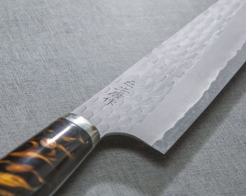 Nigara R2/SG2 Matt Migaki Tsuchime 210mm Gyuto with Polished Black Amber Acrylic Handle