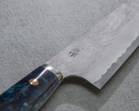 Nigara R2/SG2 Matt Migaki Tsuchime 210mm Gyuto with Polished Twilight Blue Acrylic Handle