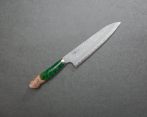 Nigara R2/SG2 Matt Migaki Tsuchime 210mm Gyuto with Stabilized Wood / Polished Lime Green Acrylic Handle