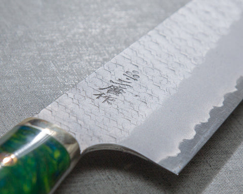 Nigara R2/SG2 Matt Migaki Tsuchime 210mm Gyuto with Stabilized Wood / Polished Lime Green Acrylic Handle
