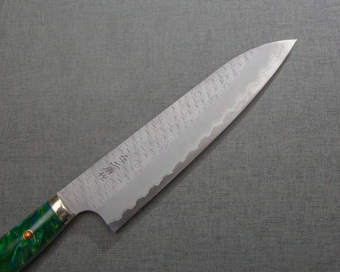 Nigara R2/SG2 Matt Migaki Tsuchime 210mm Gyuto with Stabilized Wood / Polished Lime Green Acrylic Handle