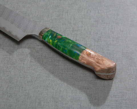 Nigara R2/SG2 Matt Migaki Tsuchime 210mm Gyuto with Stabilized Wood / Polished Lime Green Acrylic Handle