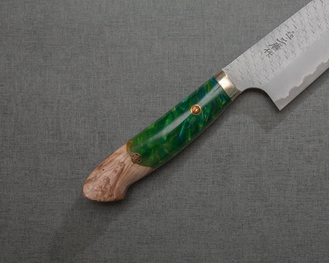 Nigara R2/SG2 Matt Migaki Tsuchime 210mm Gyuto with Stabilized Wood / Polished Lime Green Acrylic Handle