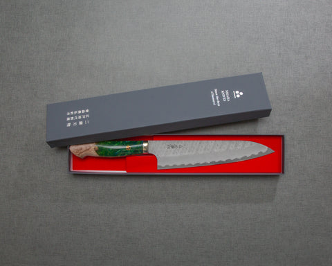Nigara R2/SG2 Matt Migaki Tsuchime 210mm Gyuto with Stabilized Wood / Polished Lime Green Acrylic Handle
