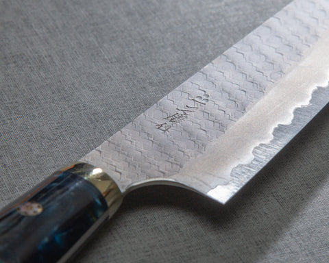 Nigara R2/SG2 Matt Migaki Tsuchime 210mm Gyuto with Polished Twilight Blue Acrylic Handle