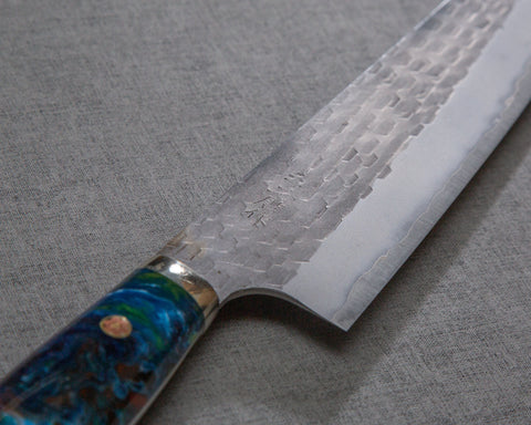 Nigara R2/SG2 Matt Migaki Tsuchime 240mm Gyuto with Polished Flowing Blue River Acrylic Handle