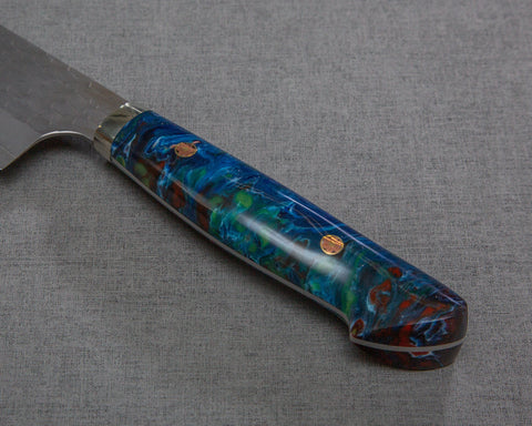 Nigara R2/SG2 Matt Migaki Tsuchime 240mm Gyuto with Polished Flowing Blue River Acrylic Handle