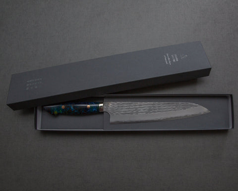 Nigara R2/SG2 Matt Migaki Tsuchime 240mm Gyuto with Polished Flowing Blue River Acrylic Handle