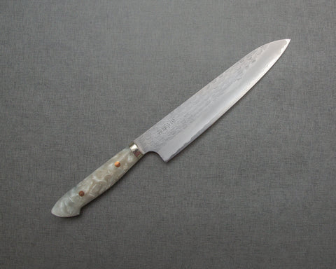 Nigara R2/SG2 Matt Migaki Tsuchime 240mm Gyuto with Polished White Nacre Acrylic Handle