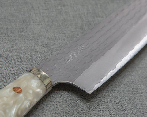 Nigara R2/SG2 Matt Migaki Tsuchime 240mm Gyuto with Polished White Nacre Acrylic Handle