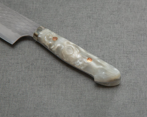 Nigara R2/SG2 Matt Migaki Tsuchime 240mm Gyuto with Polished White Nacre Acrylic Handle