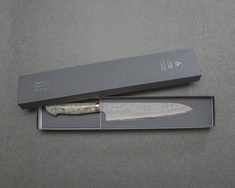 Nigara R2/SG2 Matt Migaki Tsuchime 240mm Gyuto with Polished White Nacre Acrylic Handle
